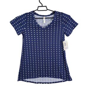 Womens Lularoe Blue & White Polka Dot Christy Top V Neck Short Sleeve Size XS